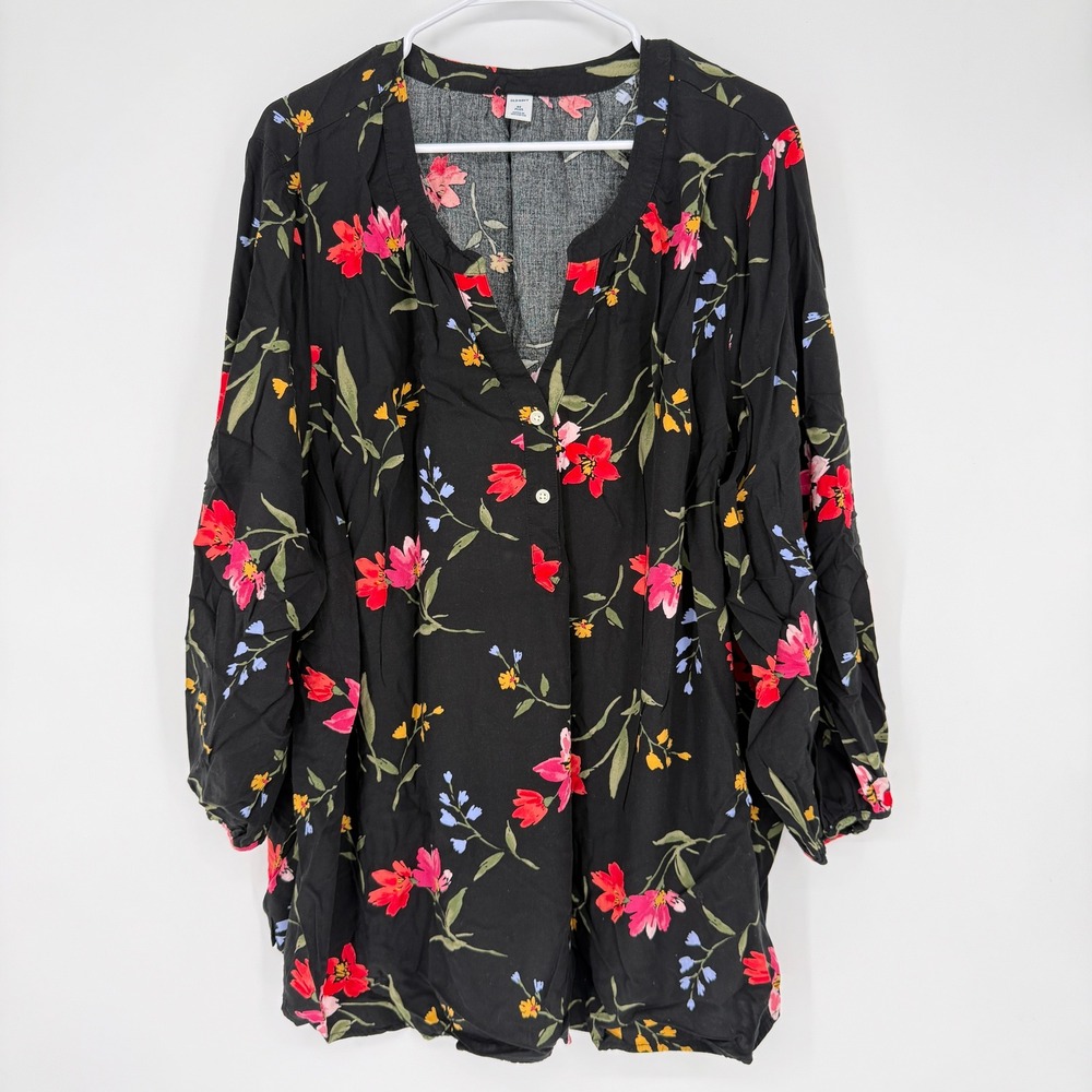 Old Navy Plus Size 4X Black Floral Print V Neck Long Sleeve‎ Tunic Top